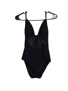 Mossimo Black Lace One Piece Swimsuit Size Large Deep V-Neck Sheer Swimwear